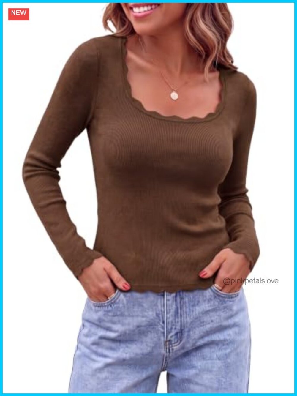 Ribbed Knit Long Sleeve Fitted Sweater Pullover Square Neck Scalloped Trim